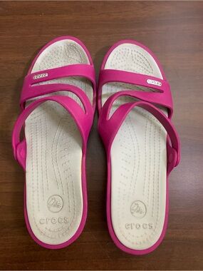 Crocs Pink Wave Strappy Wedge Sandals Slide Slip On W8